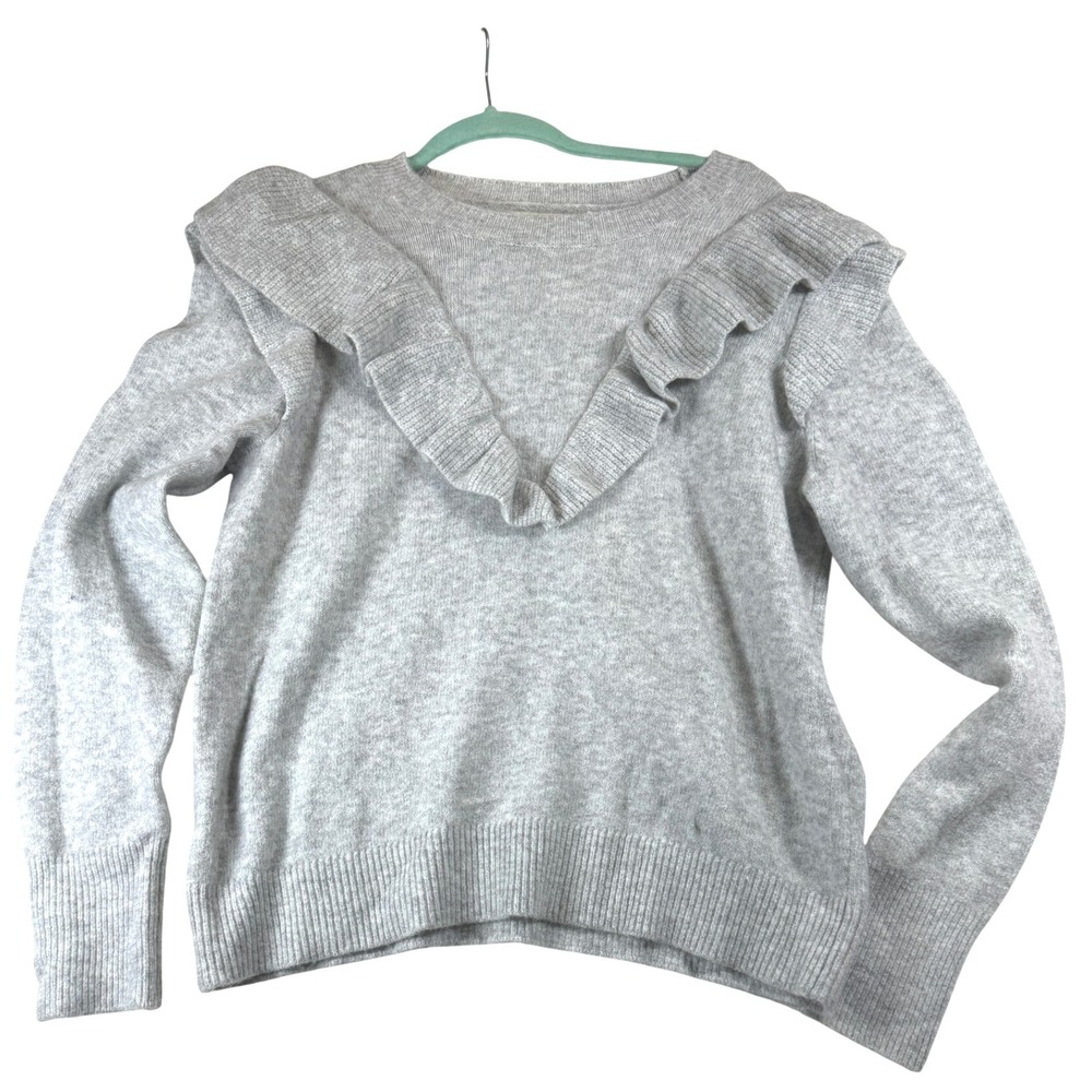LOFT Womens Gray Ruffle Trim Long Sleeve Knit Sweater Size Large NWT winter fall